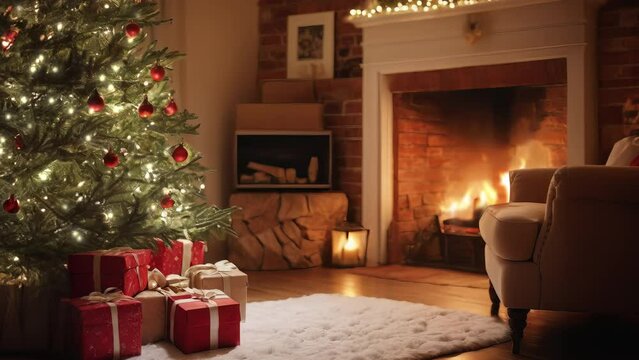 Fireplace with christmas decorations. Animated Background. 
