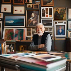 A portrait of an elderly artist surrounded by their colorful paintings in a sunlit studio3
