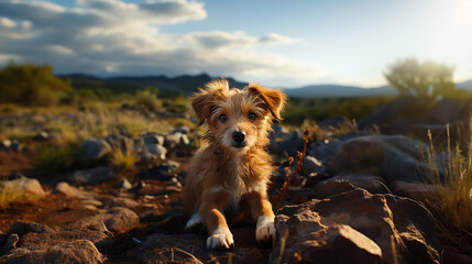 Dog. A small brown puppy is walking in nature.