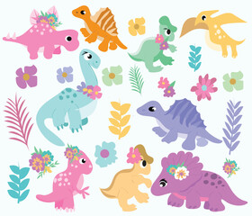 Dinosaur  clipart,Vector illustration of dinosaurs including Stegosaurus, Brontosaurus, Velociraptor, Triceratops, Tyrannosaurus rex, Spinosaurus, and Pterosaurs.