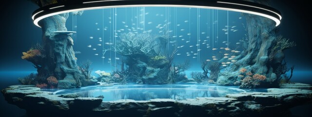 Podium underwater stone stand background seaweed rock product platform sea 3d scene. Display underwater podium dark cosmetic stone pedestal water nature ocean black beauty studio mountain abstract sky