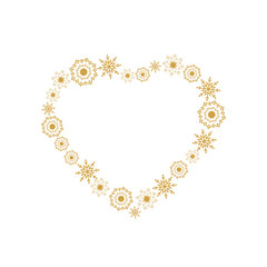 Golden frame in a shape of heart made of snowflakes. Merry Christmas vector illustration.