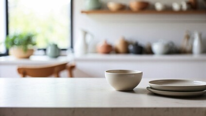 Fototapeta na wymiar Blurred Kitchen Countertop on Empty Ceramic Table Background, Ceramic Table