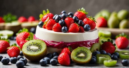 A blank canvas in the center, surrounded by a vibrant array of ripe strawberries, blueberries, and kiwi slices, creating a delicious and visually striking fruit Generative Ai