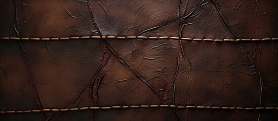 View from top of stitched dark brown thread scars on fresh zombie leather skin. - obrazy, fototapety, plakaty