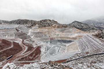 New industrial mine waste dam (tailing dam) with snowy weather. Tailings dams rank among the...