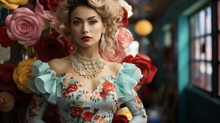 Fototapeta premium Young woman with red rose in elegant dress and bridal beauty.