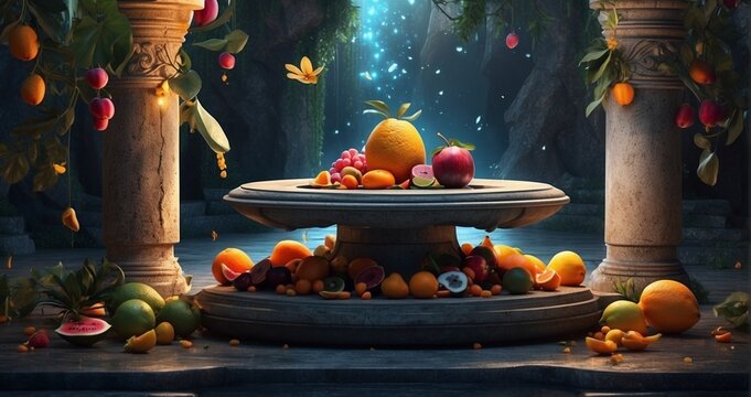 A magical garden with a blank stone pedestal at the center, surrounded by floating slices of exotic fruits, and fairies below, orchestrating the levitating fruity Generative Ai