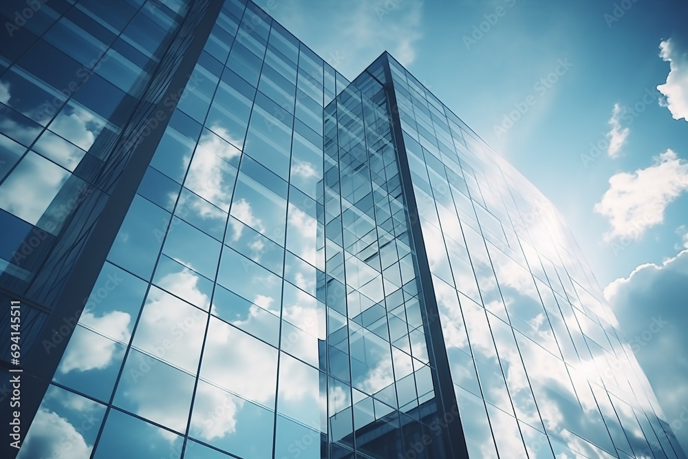 Wall mural Reflective skyscrapers, business office buildings. Low angle photography of glass curtain wall details of high-rise buildings.The window glass reflects the blue sky and white clouds. High quality