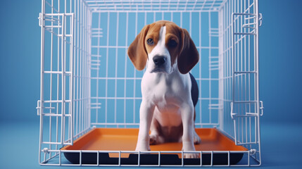Animal Testing Scared Beagle Dog in Cage. The dog is sitting in a cage. Wire box pets. generative ai