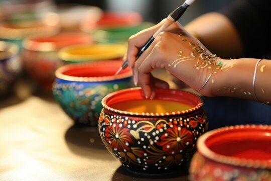 modern traditional, handicraft, handicraft paint pot hands close