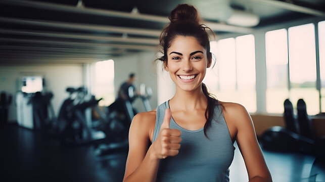 Portrait of happy athletic woman showing thumb up, smiling and looking at camera on gym background with copy space. Personal trainer. The concept of a healthy lifestyle and sports.