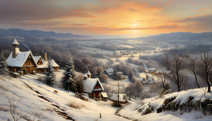 Winterlandschaft mit Dorf / Winter Poster / Vintage Winter Dorf Bild / Weihnachten Wallpaper / Landschafts Hintergrundbild / Ai-Ki generiert