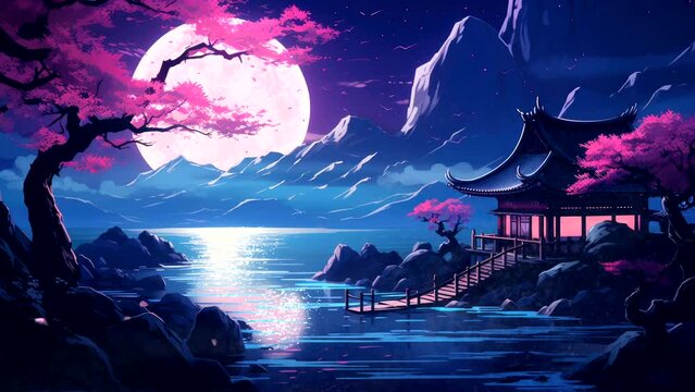 Beautiful scenery of asian temple with sakura cherry blossom tree, lake, japan, korean, chinese of mountains Cartoon anime illustration style. seamless looping video animation background.