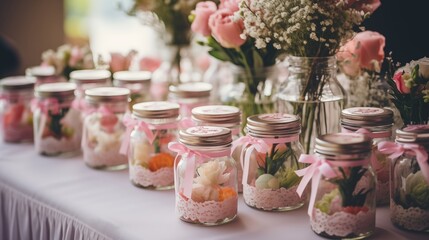 Charming wedding favors, Fragrant dried flowers in adorable glass bottles, delightful tokens of appreciation to share on the joyous occasion of a wedding celebration.