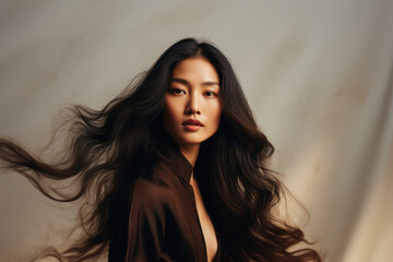 portrait of an asian Chinese woman/model in a close up with long black hair in a fashion/beauty editorial advertisement magazine style portra film look 