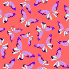 Fototapeta premium seamless pattern of blue-violet decorative butterflies on a pink background, texture, design