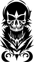 black graphic drawing of a human skull on a white background, isolated element, logo, tattoo