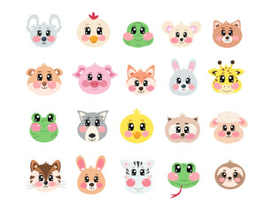 Vector set, collection of cute head, face animals on white isolated background. Happy fun joy face kawaii zoo pets