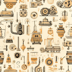 Hand-Illustrated Craft Pattern with Machine Motifs: A Vintage Textile Tradition Inspiration