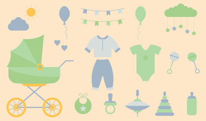  Set of baby elements. Children's goods for boys in muted pastel colors, strollers, dishes, toys, clothes. Vector decorative elements, EPS 10.