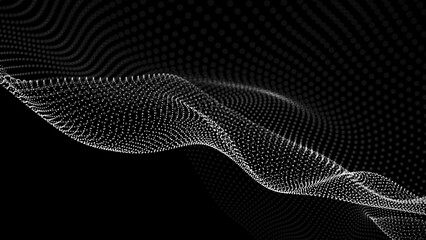 Digital dynamic wave with dots on the dark background. The futuristic abstract structure connection. Big data visualization. 3D rendering.