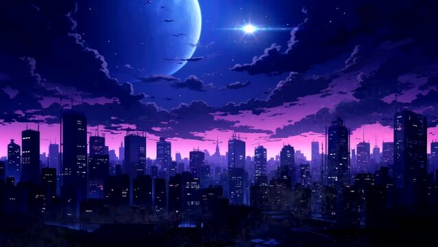 night sky silhouette view and star falling in city landscape of anime style video animation background looping 4k