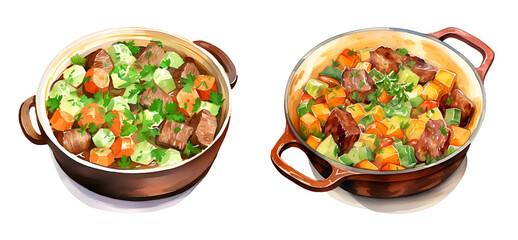 Meat stew with veal, Patrick's day, watercolor clipart illustration with isolated background.