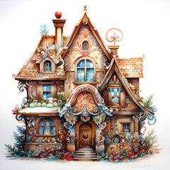 Fototapeta premium cozy house covered with snow on a white background, illustration in watercolor style. Christmas elements.