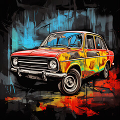 Grunge-Influenced Vibrant Car Illustration with Distressed Metallic Sheen