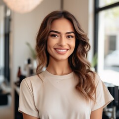 joyful beauty technician welcomes clients in cozy salon, Generative AI