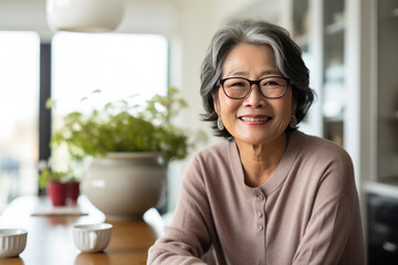 Smiling Asian American senior woman sitting in her kitchen - obrazy, fototapety, plakaty