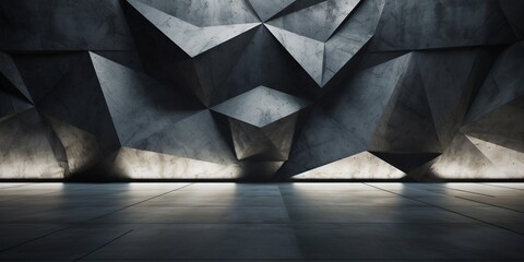 Abstract dark concrete 3d interior with polygonal pattern background, modern interior lobby banner. - obrazy, fototapety, plakaty