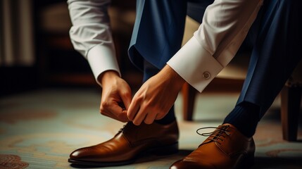 A man in a business suit ties the laces, groom tying shoes getting ready in the morning for the wedding ceremony. - obrazy, fototapety, plakaty