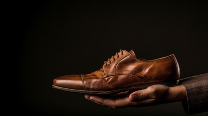 Man hand holding a brown leather shoe isolated on black background with copy space, studio shot, Concept of cobbler artisan repairing and restoration work in shoe repair shop.