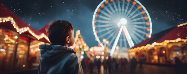 happy child watching the lights of a Christmas market with ferris wheel in the bokeh background - obrazy, fototapety, plakaty