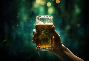Man holding a glass with cold fresh beer on blured green background. Oktoberfest and St. Patrick's day celebration in a pub or bar. Card, banner, poster, flyer with copy space - obrazy, fototapety, plakaty