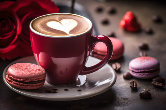 A close up magazine quality image of Valentine's themed coffee
