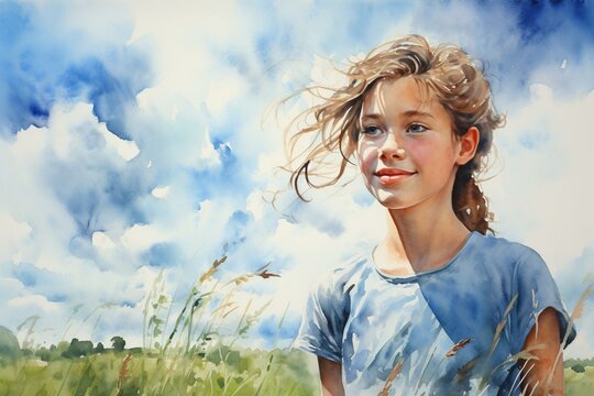 Watercolor portrait of blue sky and grassland. Generative AI
