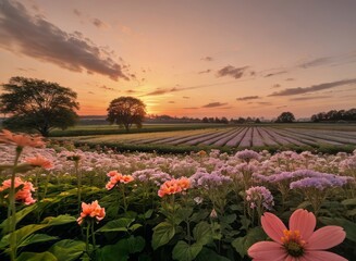 field of flowers photograph sunset orange sky with beautiful and colorful flowers 