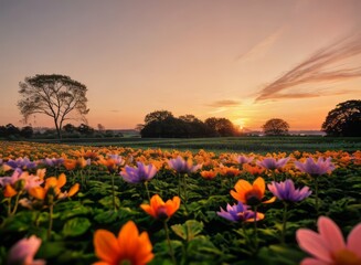Fototapeta na wymiar field of flowers photograph sunset orange sky with beautiful and colorful flowers 