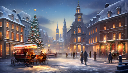 Naklejka premium Belebter Marktplatz in der Altstadt an einem Weihnachtsabend / Vintage Winter Gemälde / Weihnachten Wallpaper / Ai-Ki generiert