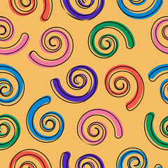 Seamless pattern with multi-colored curls of red, green, blue, orange, brown. Vector pattern in pop style.