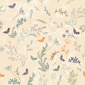 Fashion vector pattern with rustic flowers in vintage style
