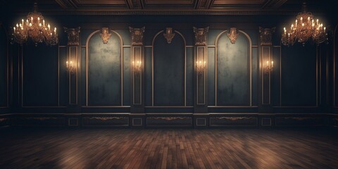 Empty elegant vintage room at night with copy space, luxury dark royal hall backgrounds decorated with chandelier and lamps.