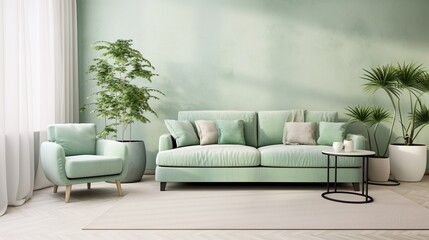 Stylish scandinavian living room interior with design mint green sofa, furnitures, mock up poster map, plants, and elegant personal accessories. Home decor. Interior design with copy space.