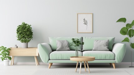 Stylish scandinavian living room interior with design mint green sofa, furnitures, mock up poster map, plants, and elegant personal accessories. Home decor. Interior design with copy space.