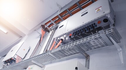 Instalation control of inverters solar panel on the wall. Technology of solar energy with shiny...