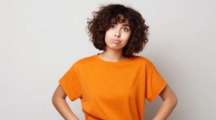 Photo of adorable thoughtful girl dressed orange tshirt looking up empty space, arms akimbo isolated on white background, studio shot funky funny girl portrait.