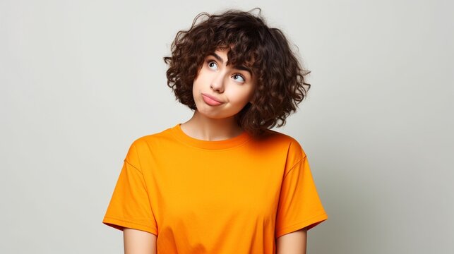 Photo of adorable thoughtful girl dressed orange tshirt looking up empty space, arms akimbo isolated on white background, studio shot funky funny girl portrait.